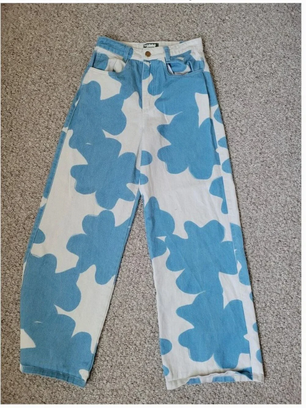 Free People Sixxta Cotton Wide leg Fun Blue White Pants size 2